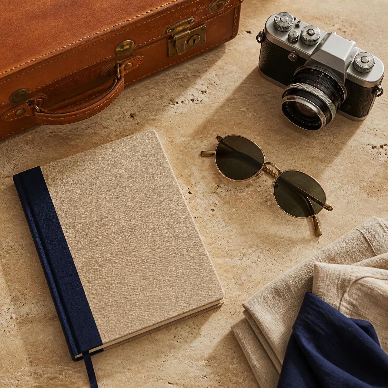 Editorial flat-lay of leather luggage, film camera and linen notebook