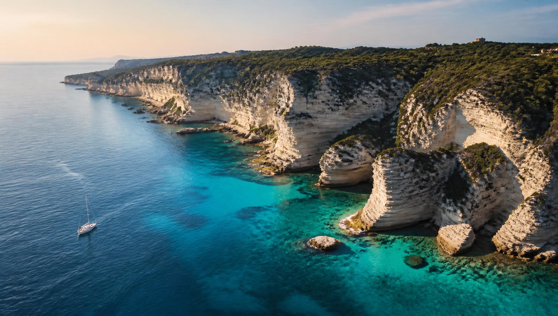 Aerial view of a Mediterranean coastline with turquoise water